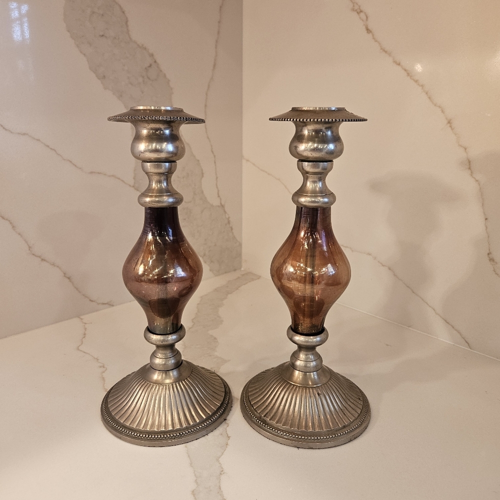 Vintage Purple Iridescent Glass Silver Toned Candlesticks